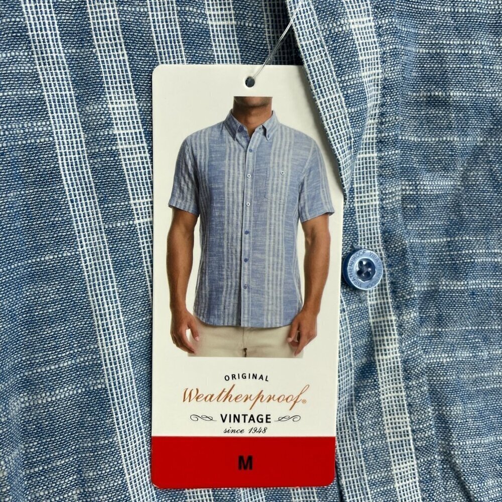 NEW Weatherproof Vintage Men's M Short Sleeve Shirt Blue Linen Cotton Striped - Picture 6 of 9